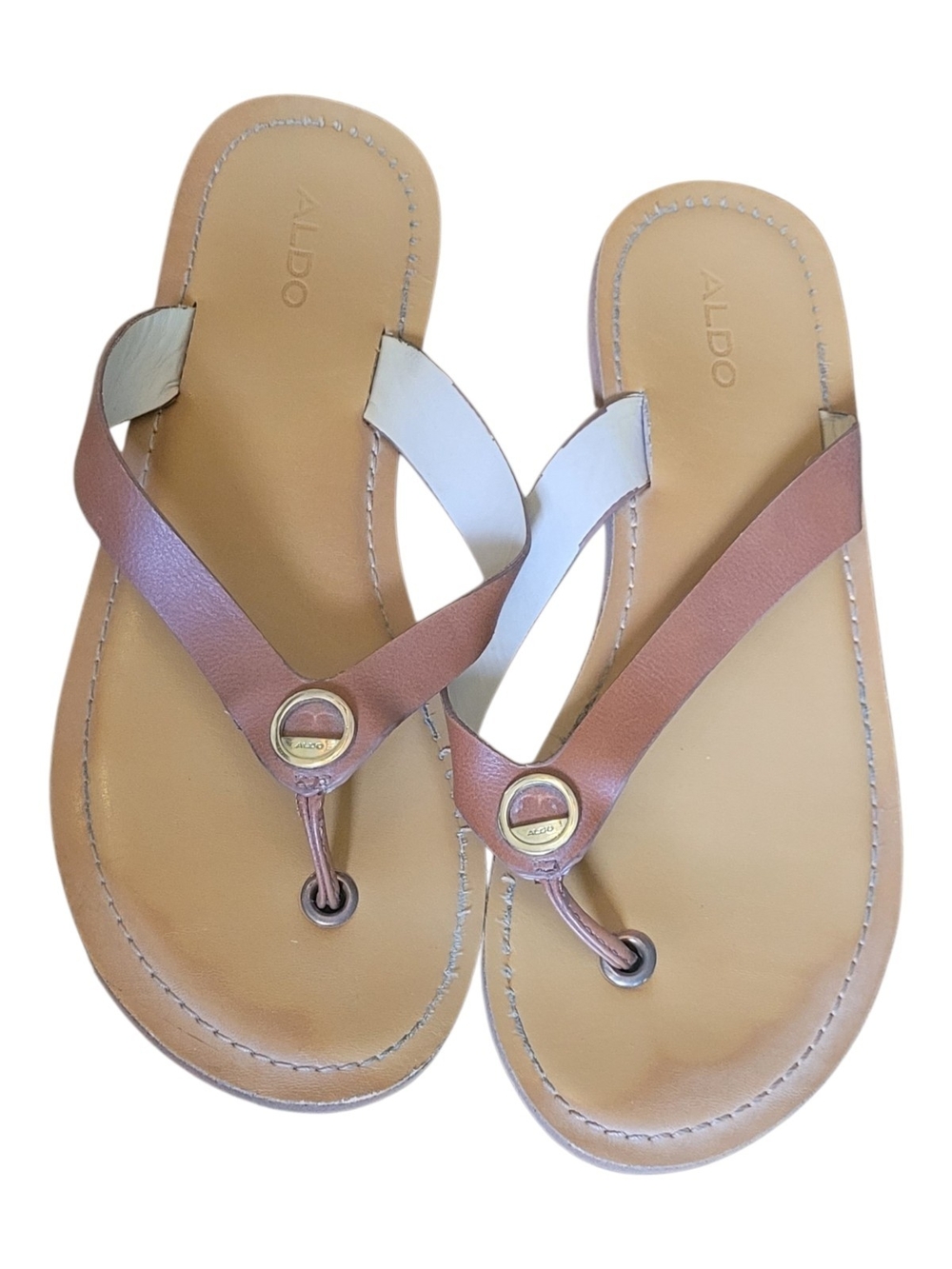 🥳5/$25!🥳 ALDO Brown Leather Toe-Post Sandals with Gold Accents